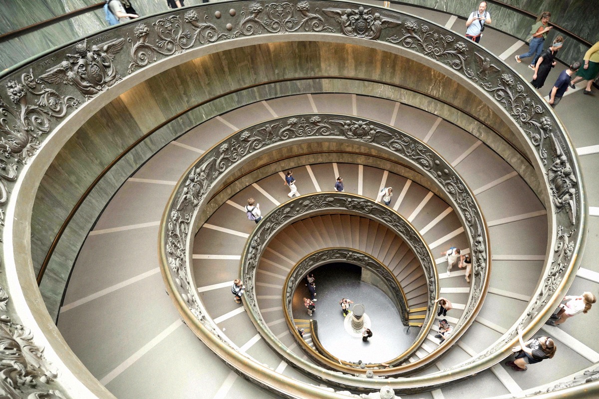 Overhead view of the double-helix Bramante staircase in the Vatican Museums