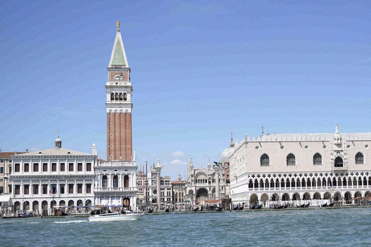 View from the water of the bell tower, St. Mark's Basilica and the Gothic Doge's Palace on St. Mark's Square
